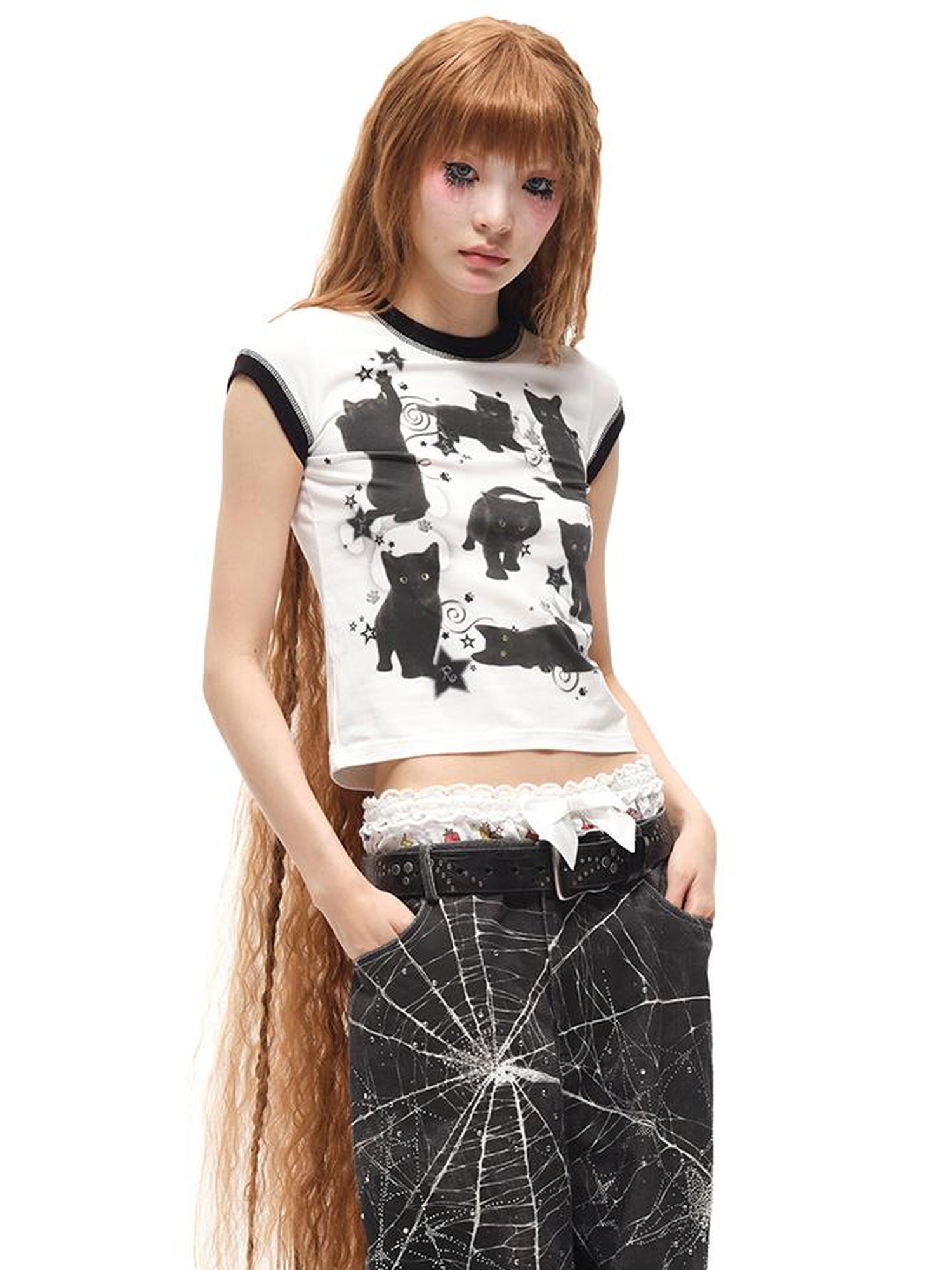 CFIERCE Black Cat Print Cotton T Shirt