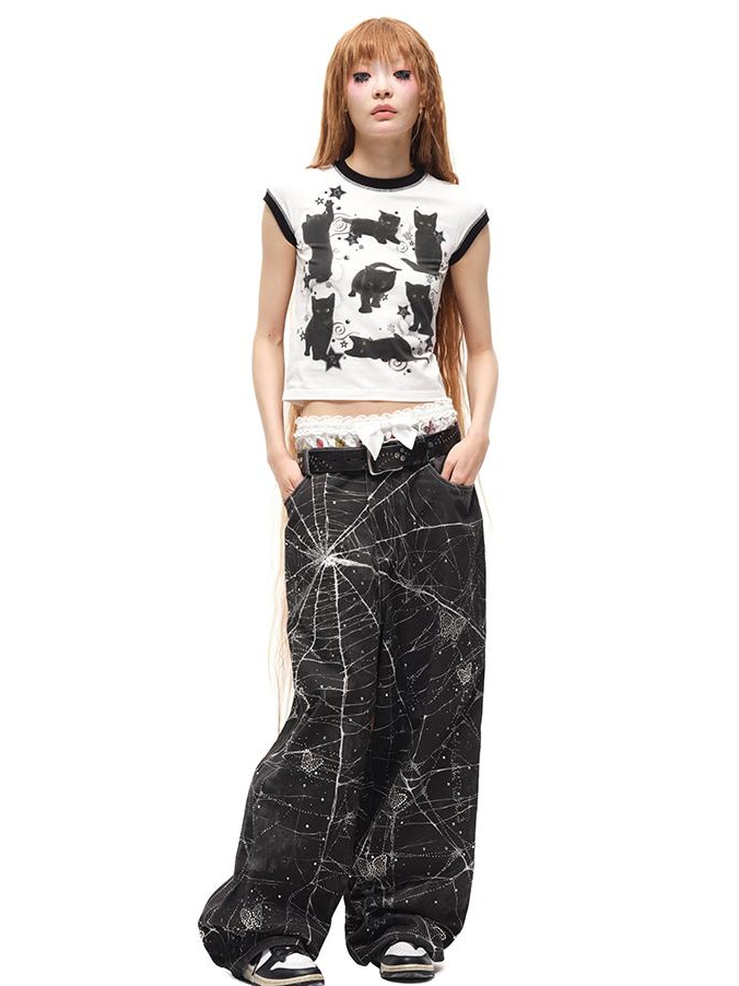 CFIERCE Black Cat Print Cotton T Shirt