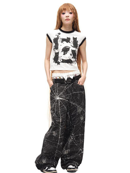 CFIERCE Black Cat Print Cotton T Shirt