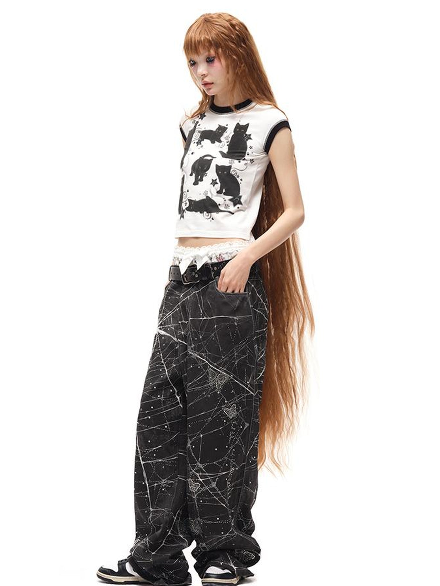 CFIERCE Black Cat Print Cotton T Shirt
