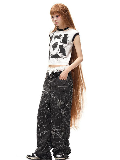 CFIERCE Black Cat Print Cotton T Shirt
