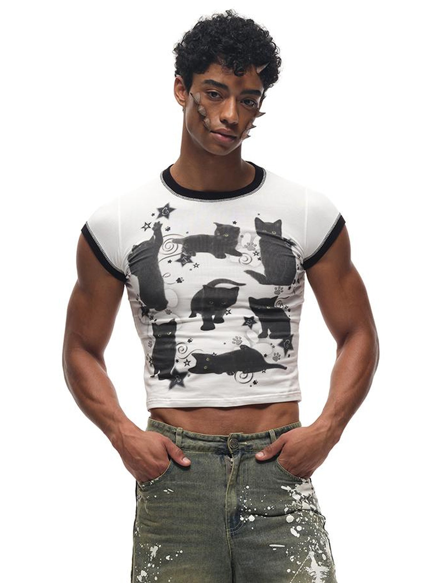 CFIERCE Black Cat Print Cotton T Shirt