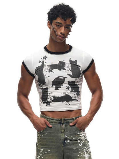 CFIERCE Black Cat Print Cotton T Shirt
