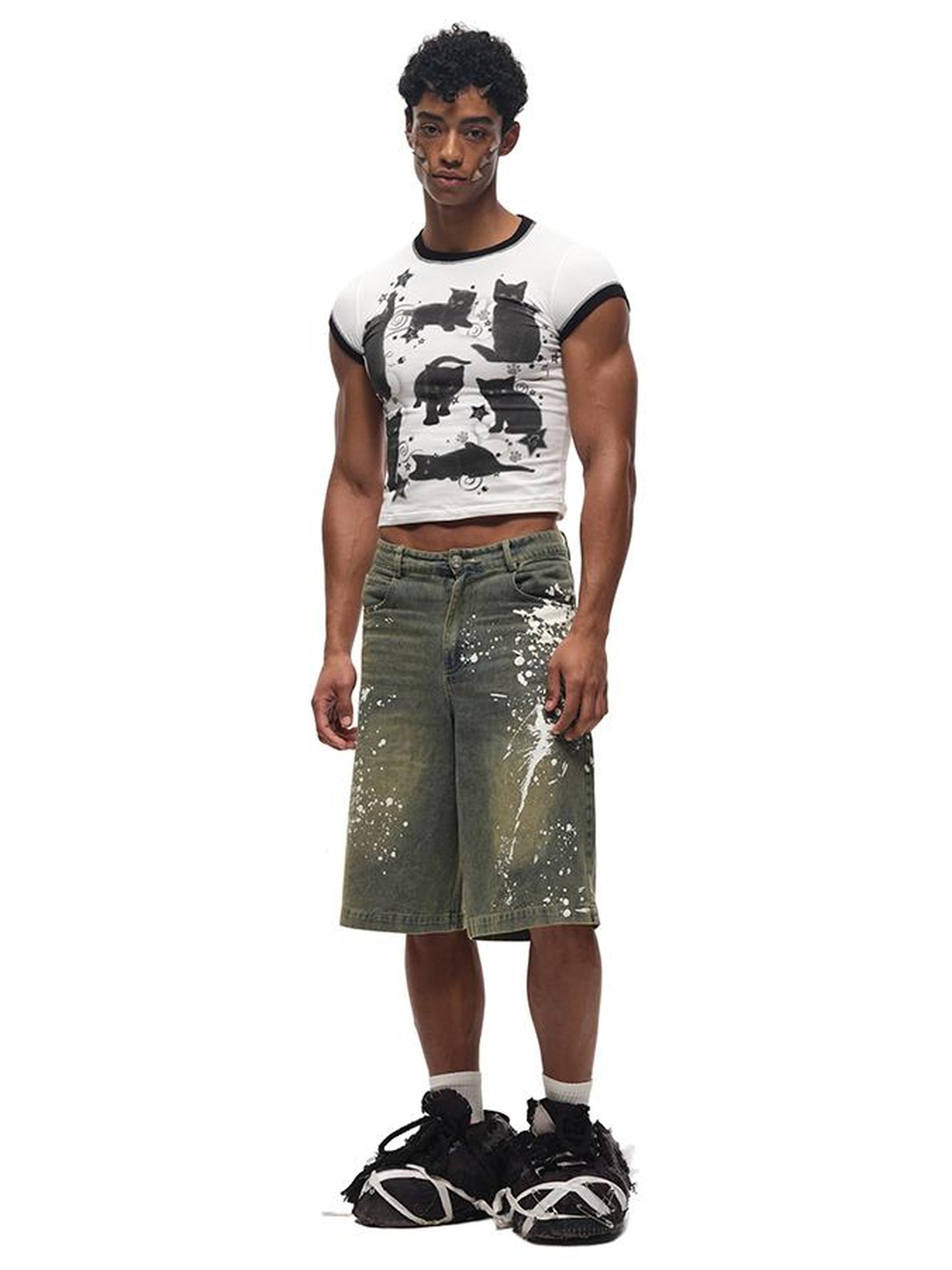 CFIERCE Black Cat Print Cotton T Shirt