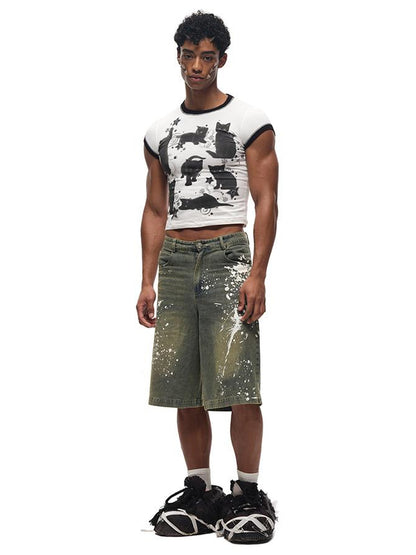 CFIERCE Black Cat Print Cotton T Shirt
