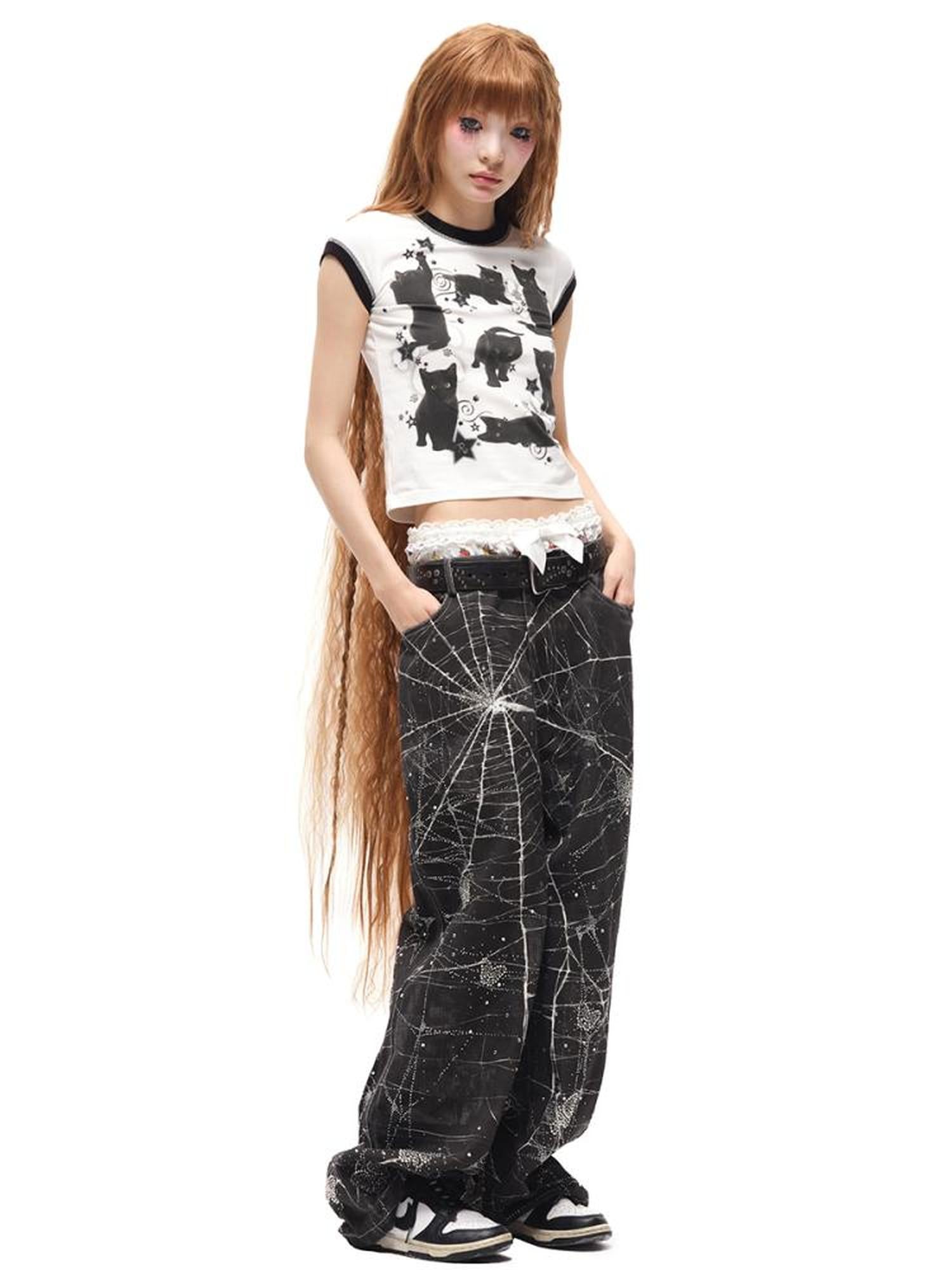 CFIERCE Black Cat Print Cotton T Shirt