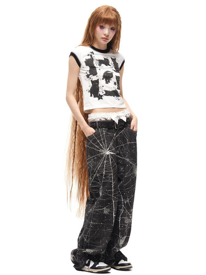 CFIERCE Black Cat Print Cotton T Shirt