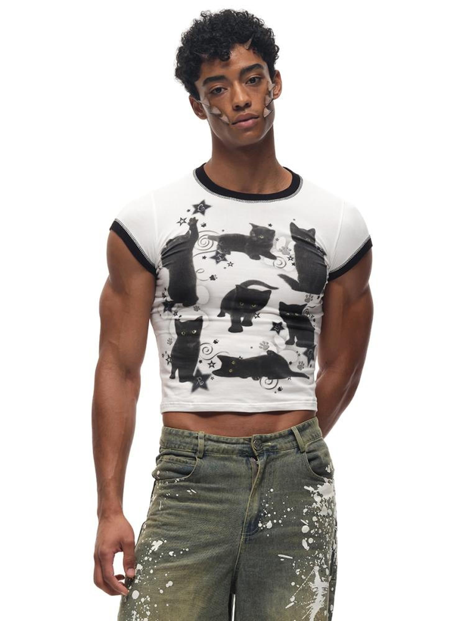 CFIERCE Black Cat Print Cotton T Shirt