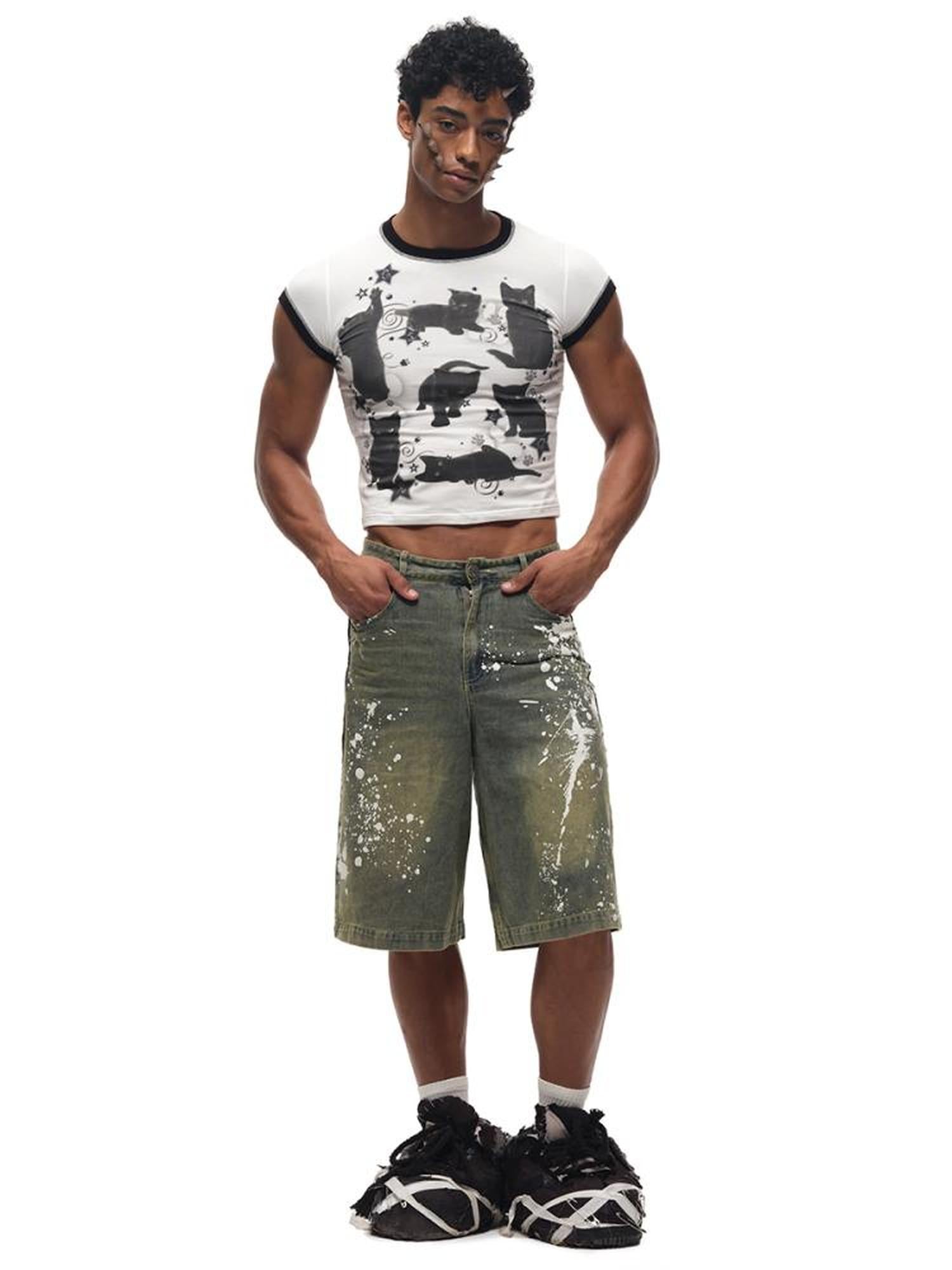 CFIERCE Black Cat Print Cotton T Shirt