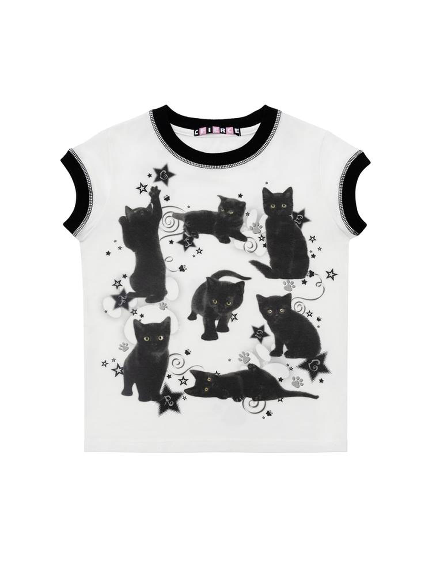 CFIERCE Black Cat Print Cotton T Shirt