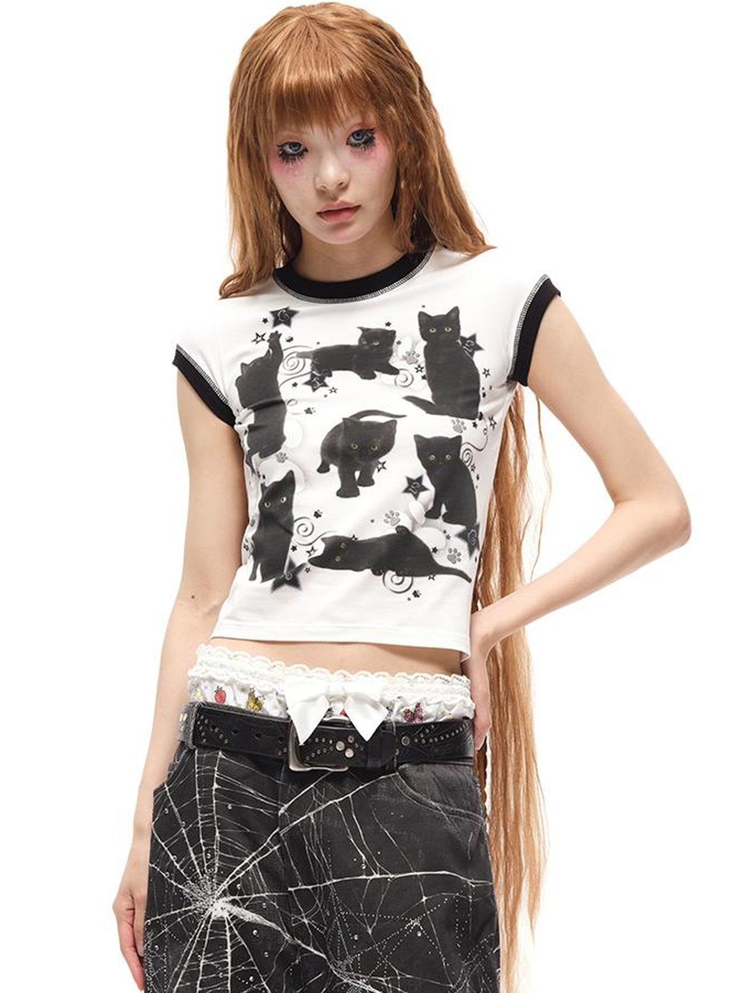 CFIERCE Black Cat Print Cotton T Shirt