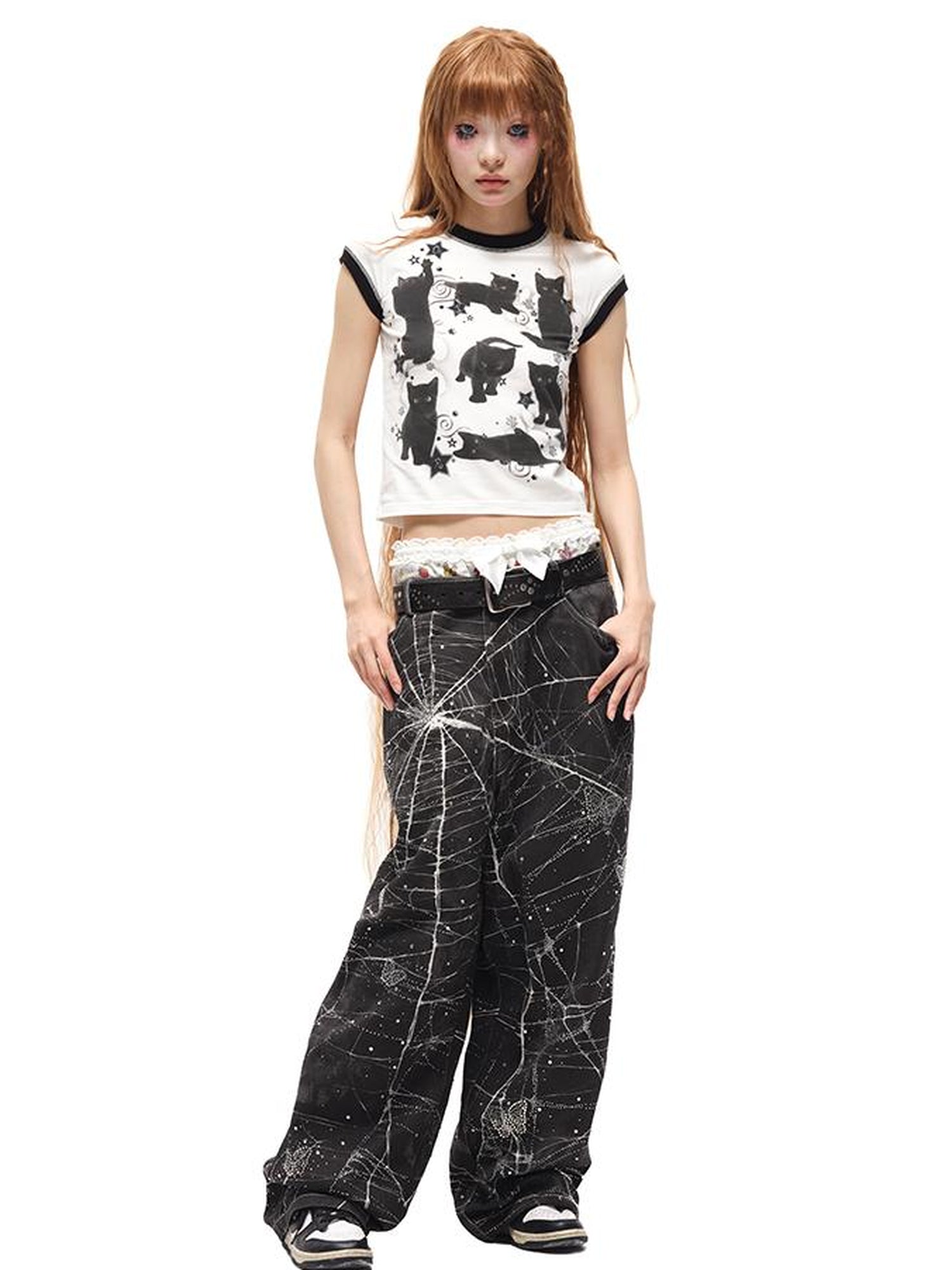 CFIERCE Black Cat Print Cotton T Shirt