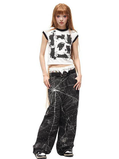 CFIERCE Black Cat Print Cotton T Shirt