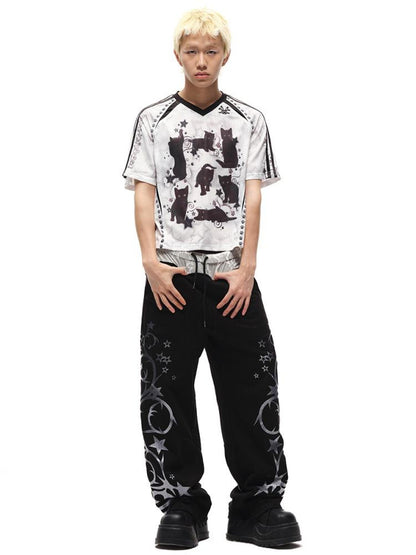 CFIERCE Black Cat Print Raglan Tee V Neck T Shirt Long Sleeve
