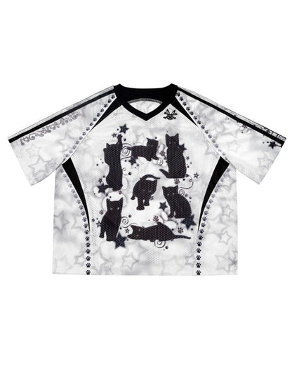 CFIERCE Black Cat Print Raglan Tee V Neck T Shirt Long Sleeve