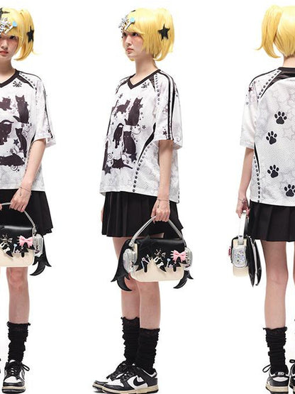 CFIERCE Black Cat Print Raglan Tee V Neck T Shirt Long Sleeve