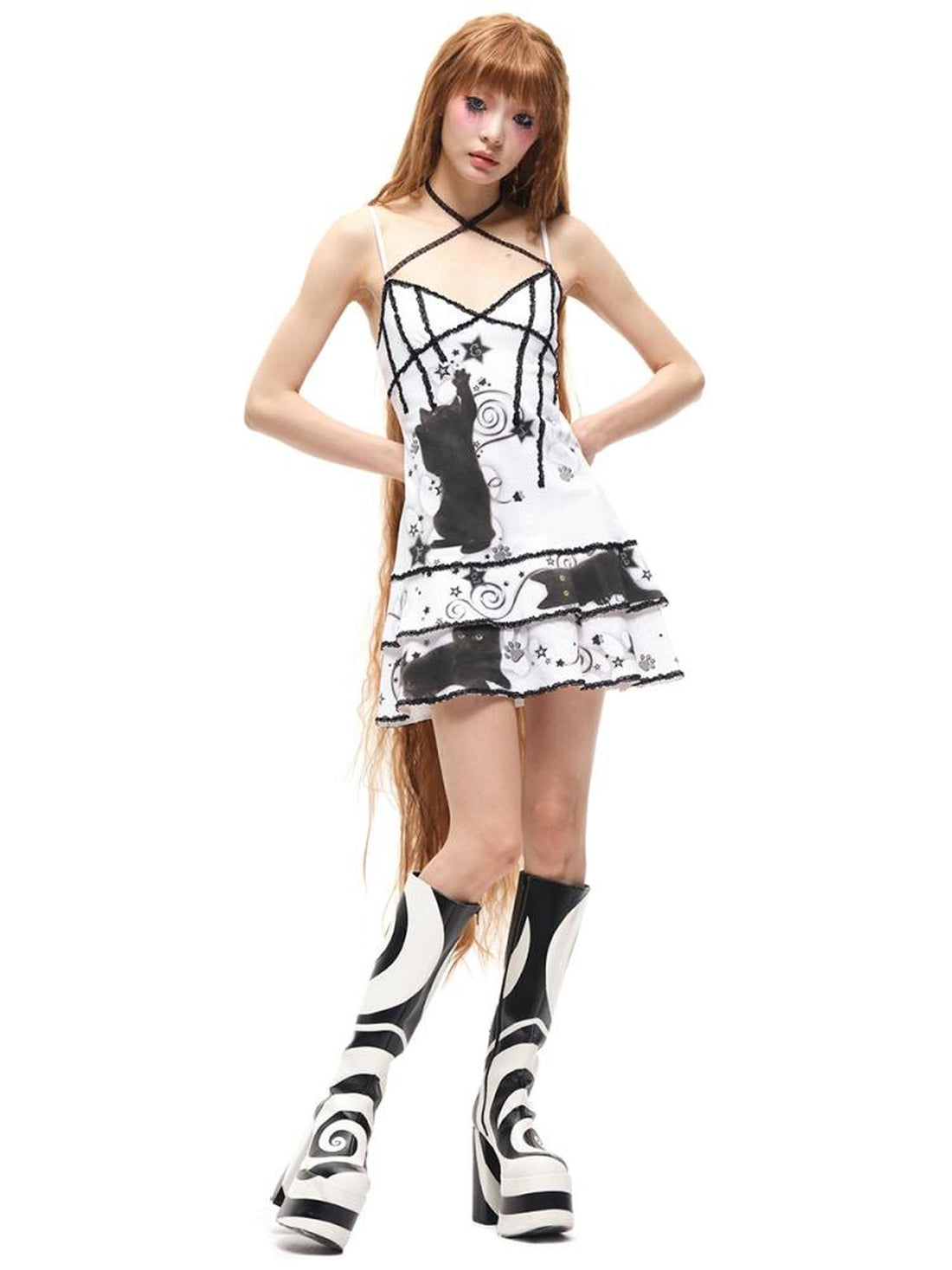 CFIERCE Black Cat Print Strappy Slip Dress V Neck