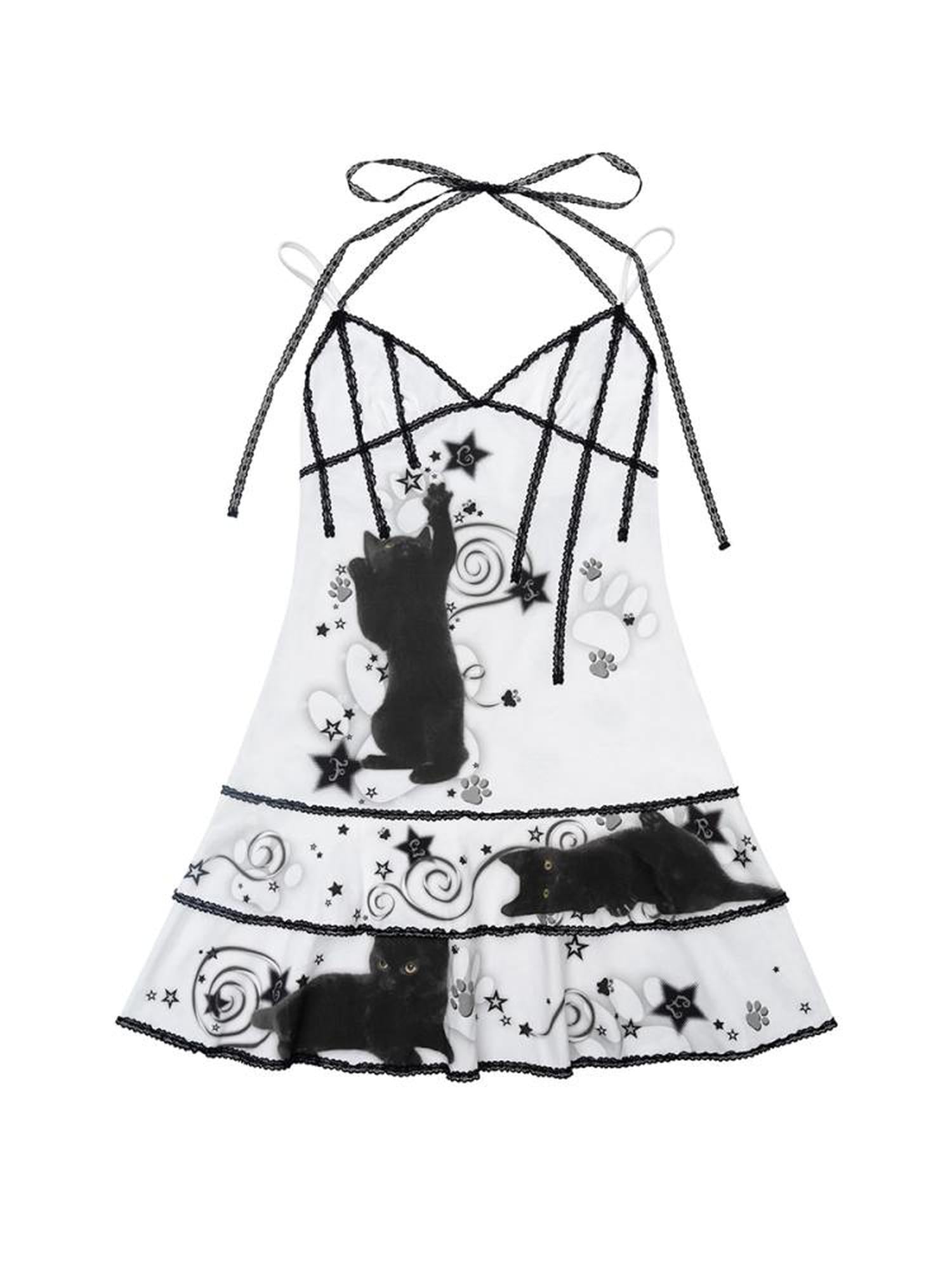 CFIERCE Black Cat Print Strappy Slip Dress V Neck