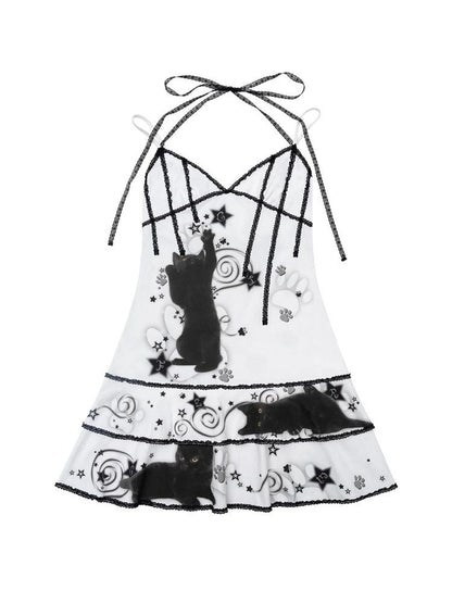 CFIERCE Black Cat Print Strappy Slip Dress V Neck