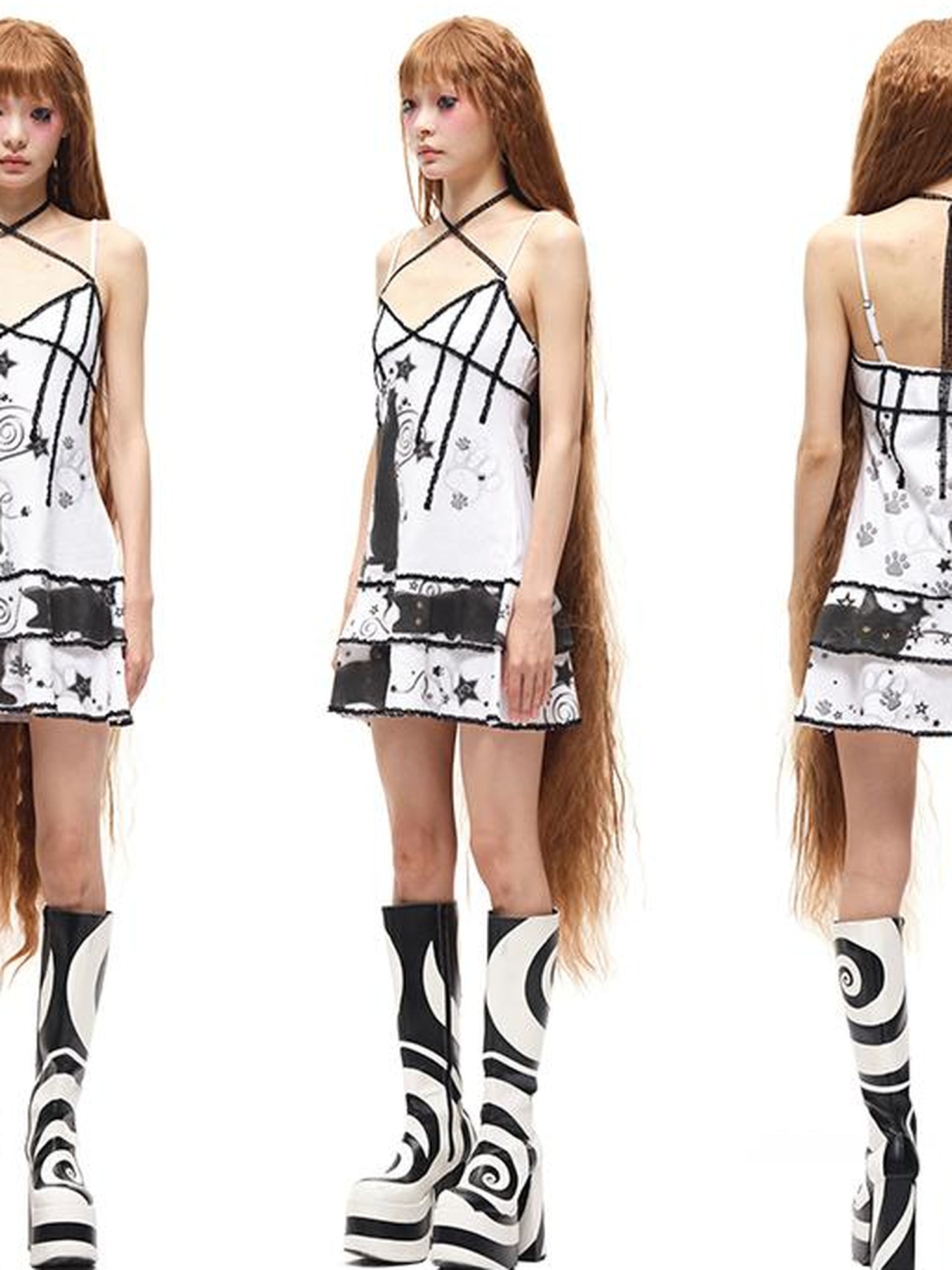CFIERCE Black Cat Print Strappy Slip Dress V Neck