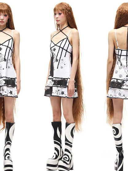 CFIERCE Black Cat Print Strappy Slip Dress V Neck