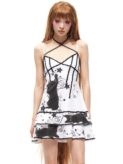 CFIERCE Black Cat Print Strappy Slip Dress V Neck