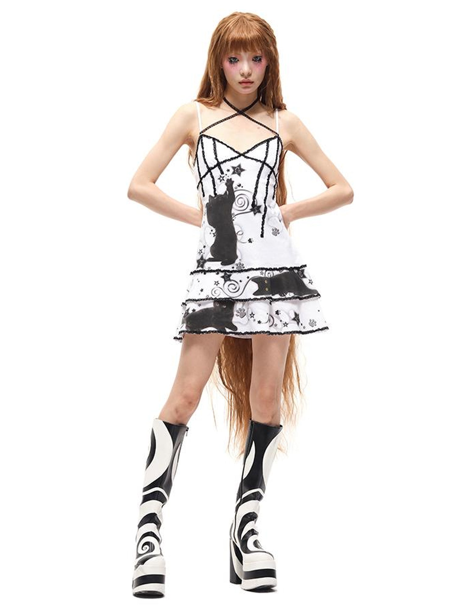 CFIERCE Black Cat Print Strappy Slip Dress V Neck