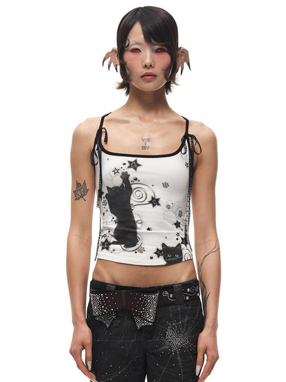 CFIERCE Black Cat Print Strappy Tank Top