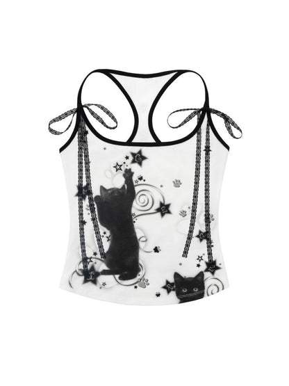 CFIERCE Black Cat Print Strappy Tank Top
