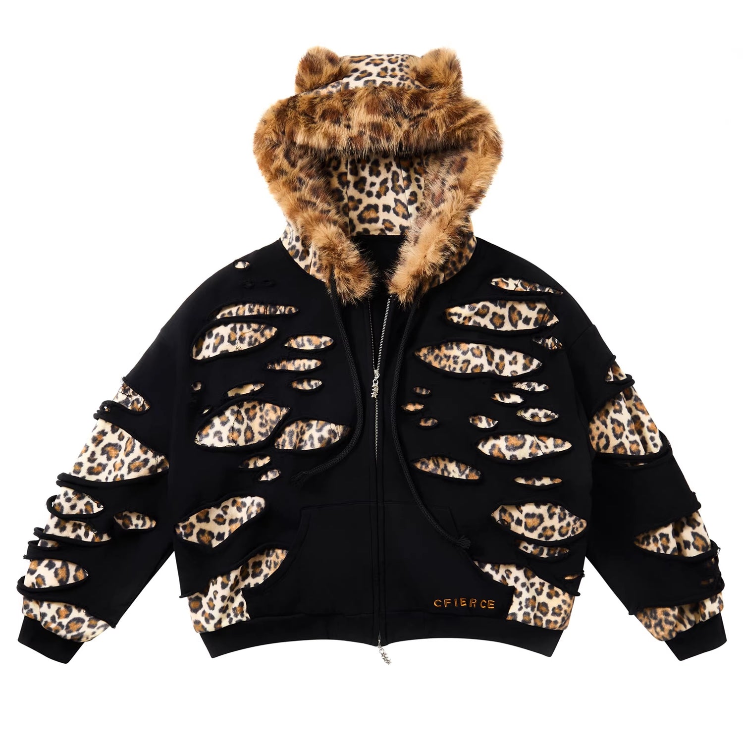 CFIERCE_Black_Leopard_Print_Loose_Fit_Hooded_Zip_Up_Commuter_Cotton_Blend_Hoodies_MISSTT