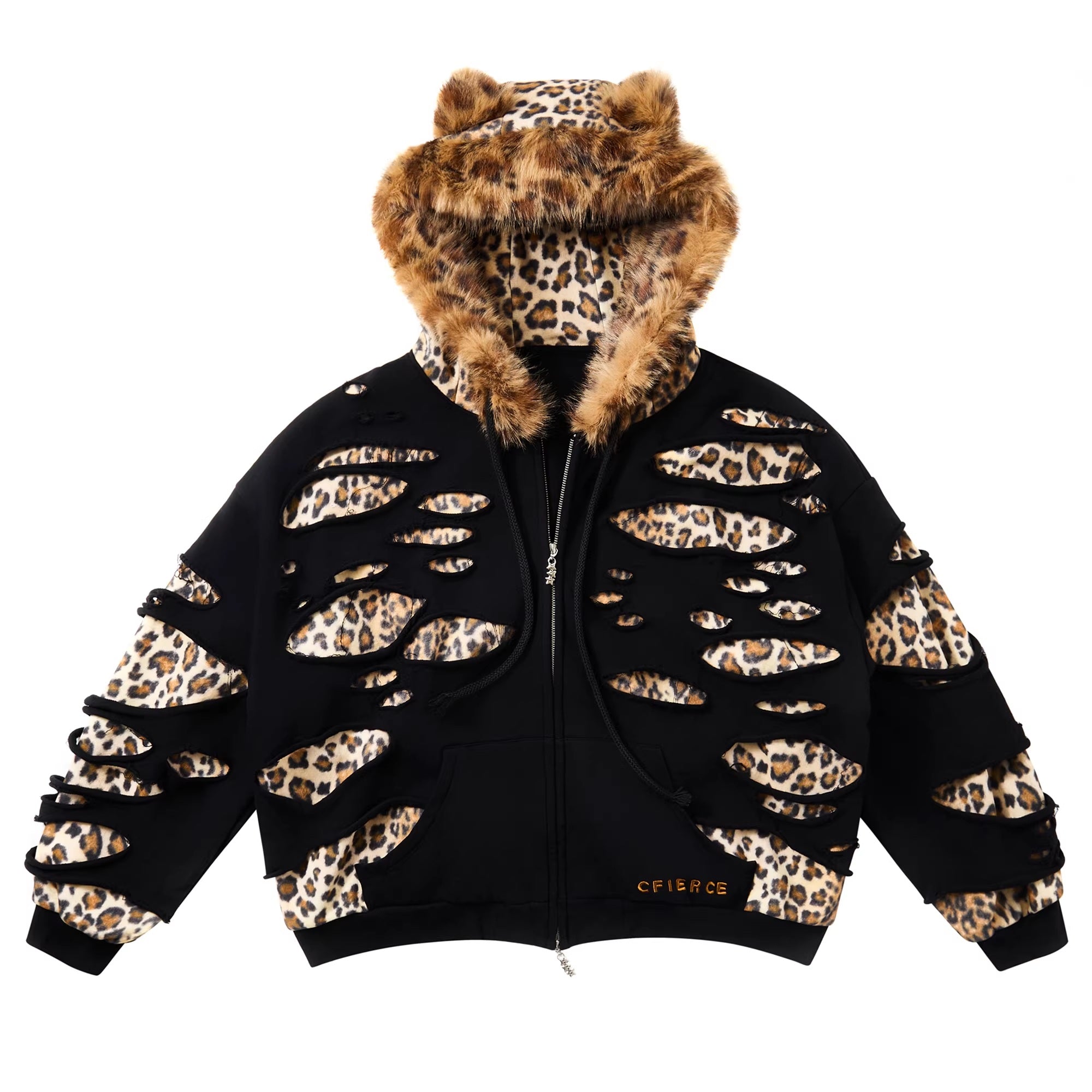 CFIERCE_Black_Leopard_Print_Loose_Fit_Hooded_Zip_Up_Commuter_Cotton_Blend_Hoodies_MISSTT