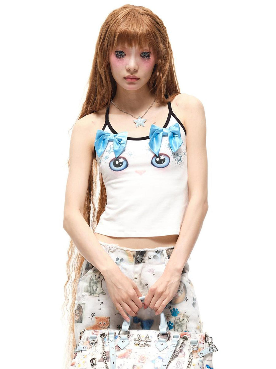 CFIERCE Butterfly Bow Strap Top With Rhinestone Cat Face