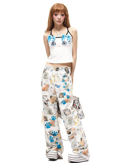 CFIERCE Butterfly Bow Strap Top With Rhinestone Cat Face