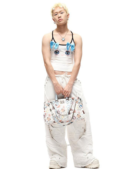 CFIERCE Butterfly Bow Strap Top With Rhinestone Cat Face