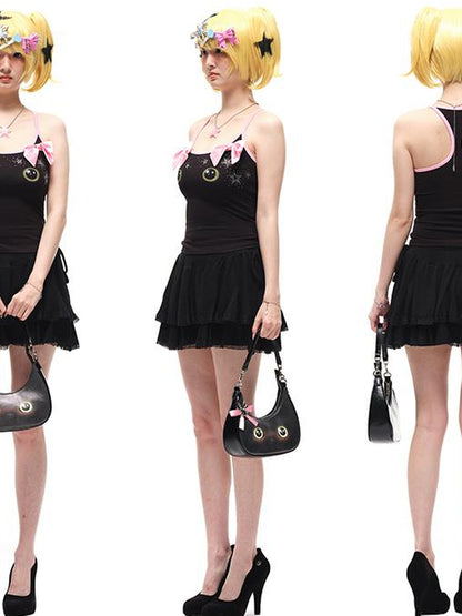CFIERCE Butterfly Bow Strap Top With Rhinestone Cat Face