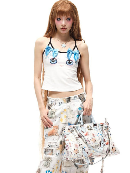 CFIERCE Butterfly Bow Strap Top With Rhinestone Cat Face