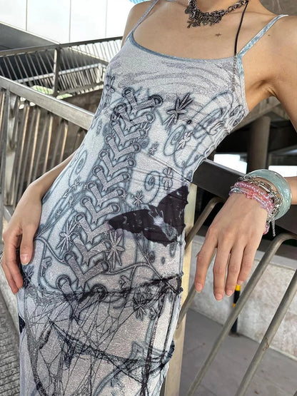 Butterfly Thorn Print Slip Mermaid Gown