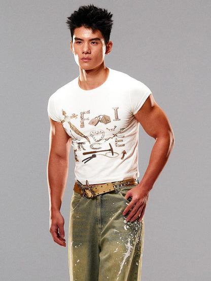 CFIERCE CFIERCE Weapon Print Tee Model Fitting Care Guide V-neck T-shirt Long-Sleeve