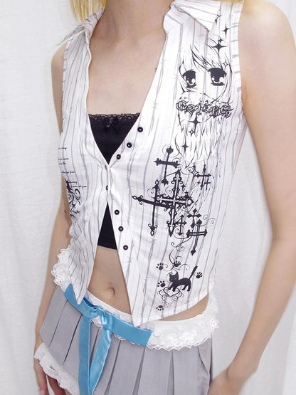 CFIERCE C Fierce Thorn Stripe Angel Graphic Print Shirt Vest