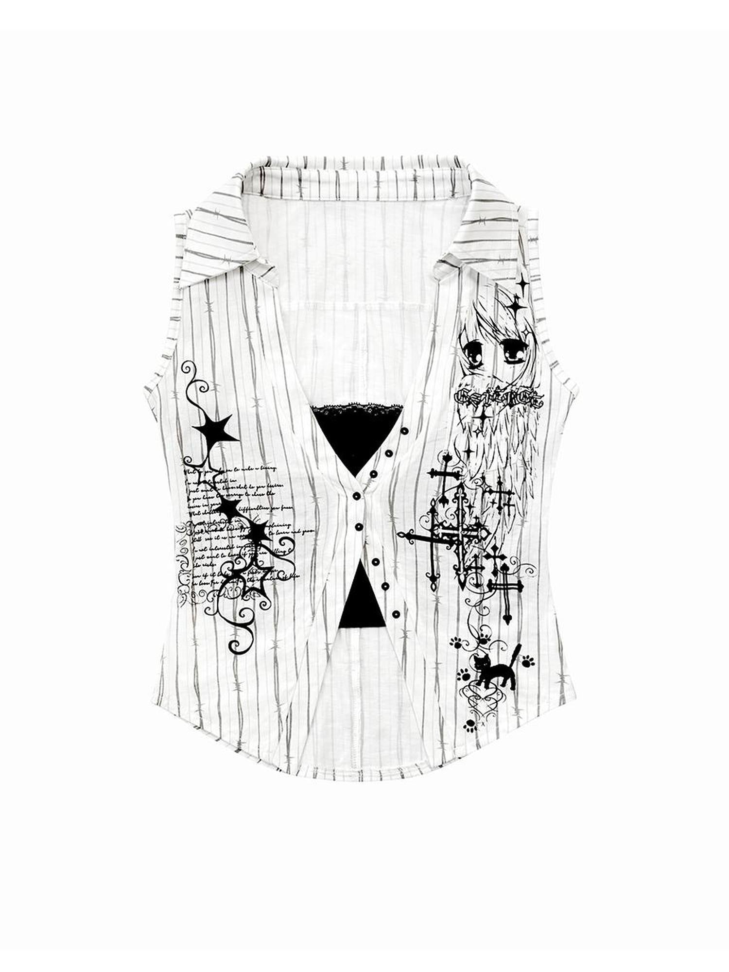 CFIERCE C Fierce Thorn Stripe Angel Graphic Print Shirt Vest