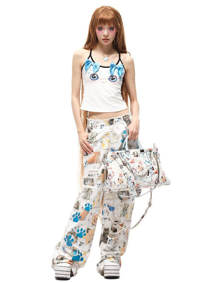 CFIERCE Cat Print Denim Jeans With Model Fit Guide
