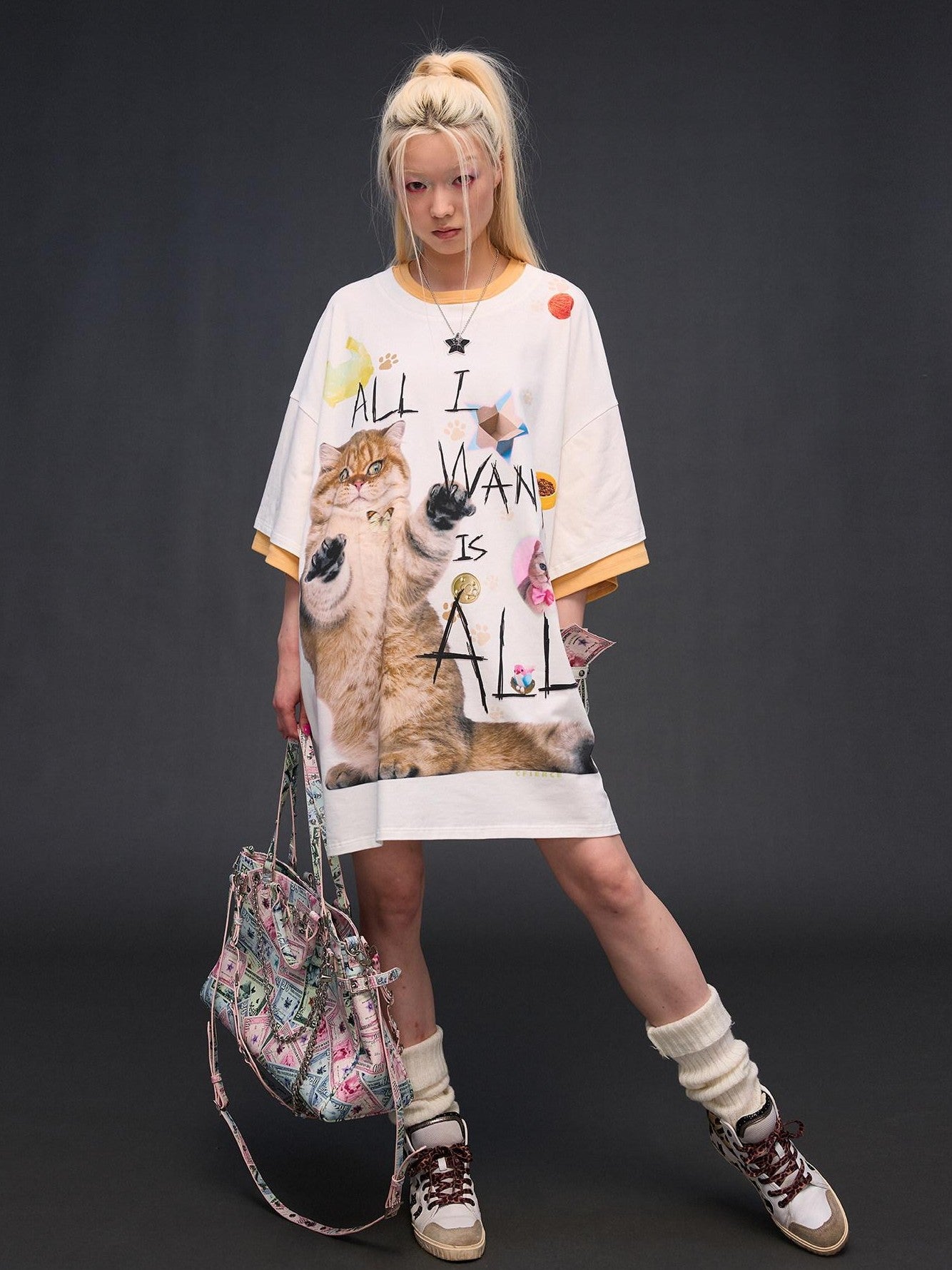 CFIERCE Cat Print Drop Shoulder Women&