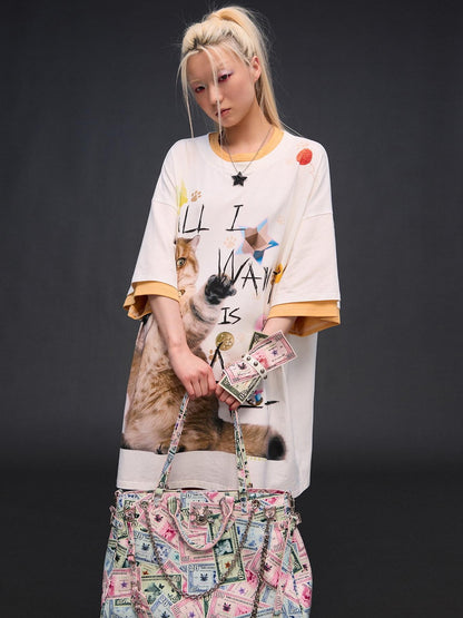 CFIERCE Cat Print Drop Shoulder Women&