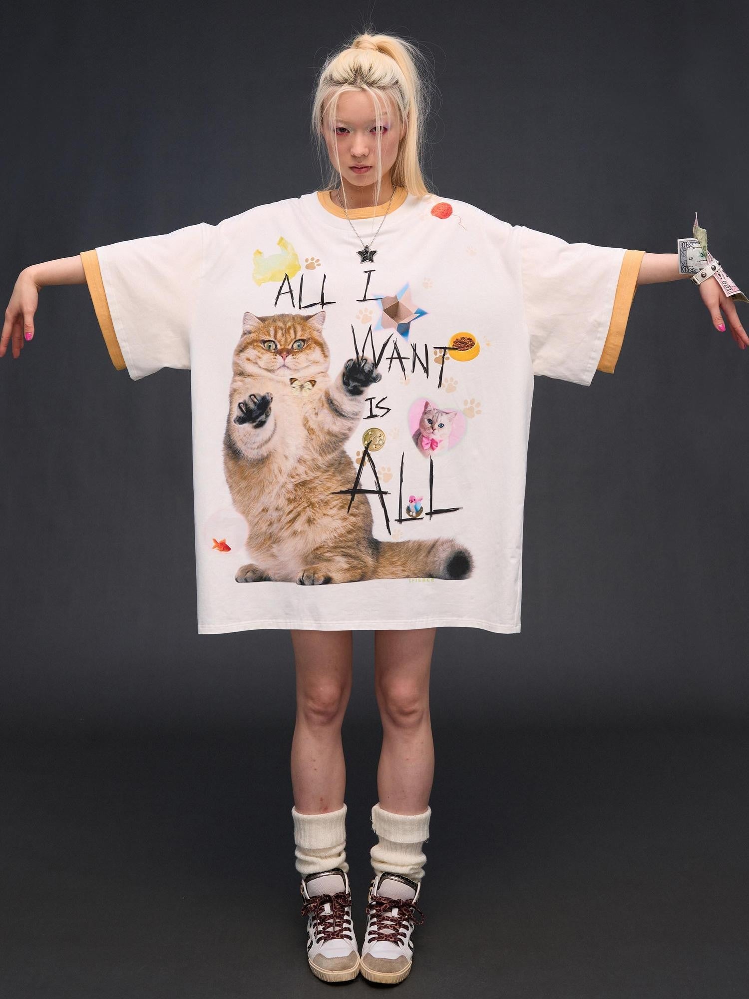 CFIERCE Cat Print Drop Shoulder Women&