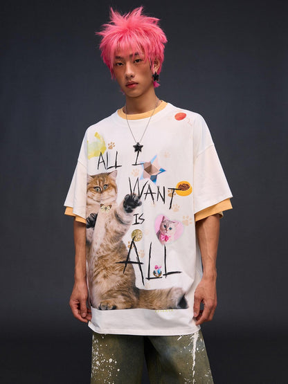 CFIERCE Cat Print Drop Shoulder Women&