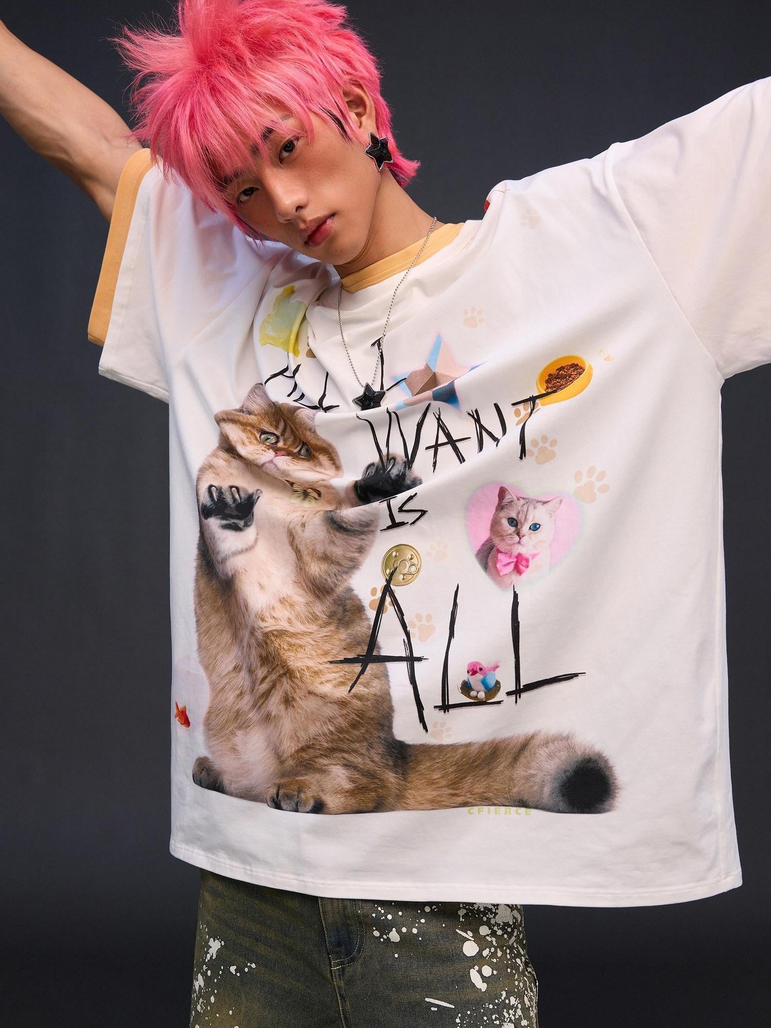 CFIERCE Cat Print Drop Shoulder Women&