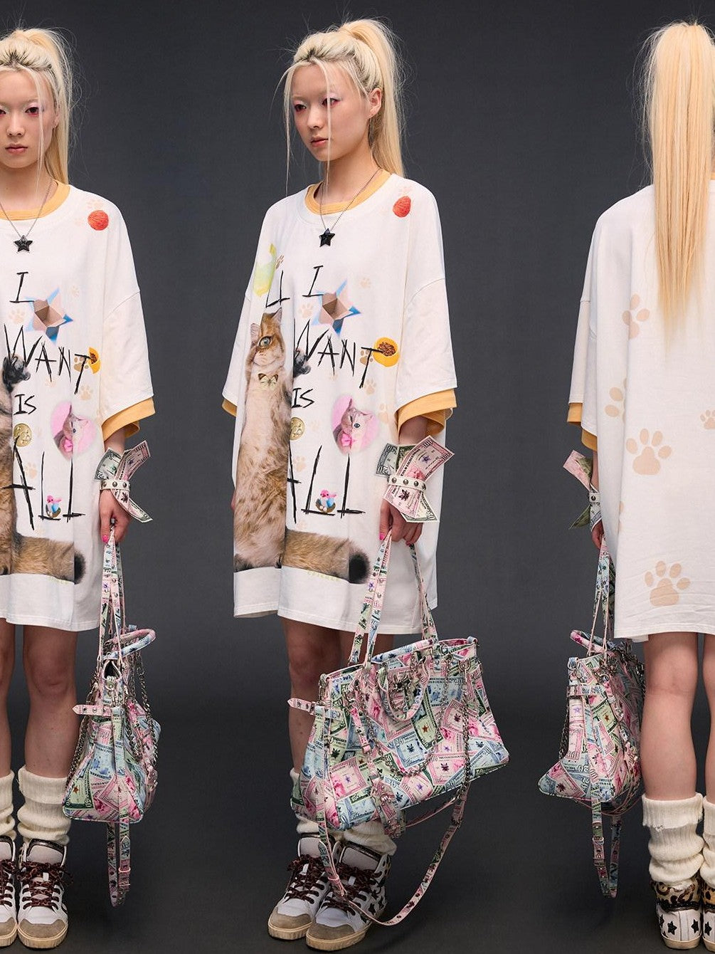 CFIERCE Cat Print Drop Shoulder Women&