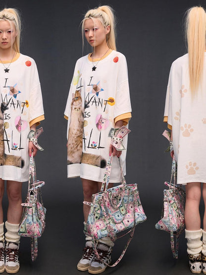 CFIERCE Cat Print Drop Shoulder Women&