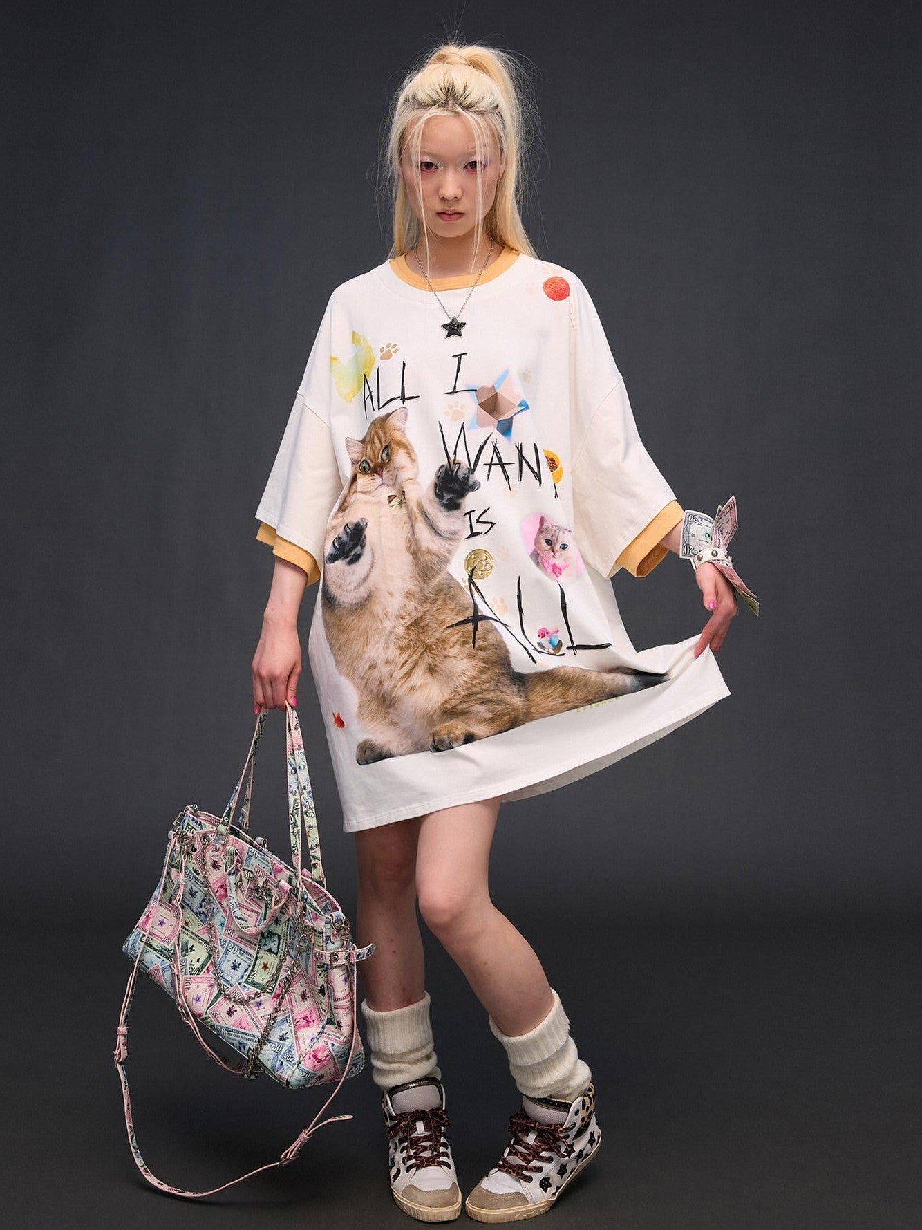CFIERCE Cat Print Drop Shoulder Women&