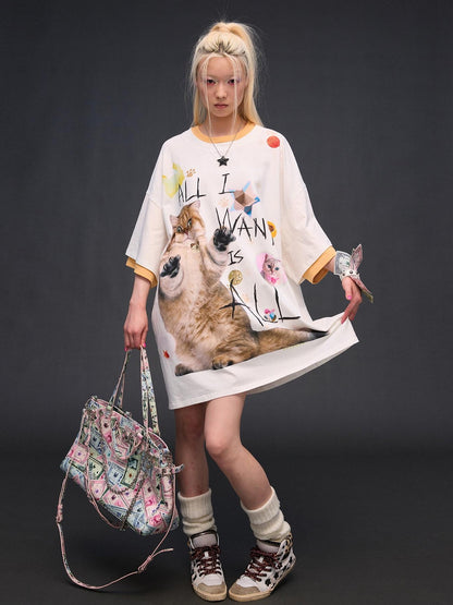 CFIERCE Cat Print Drop Shoulder Women&